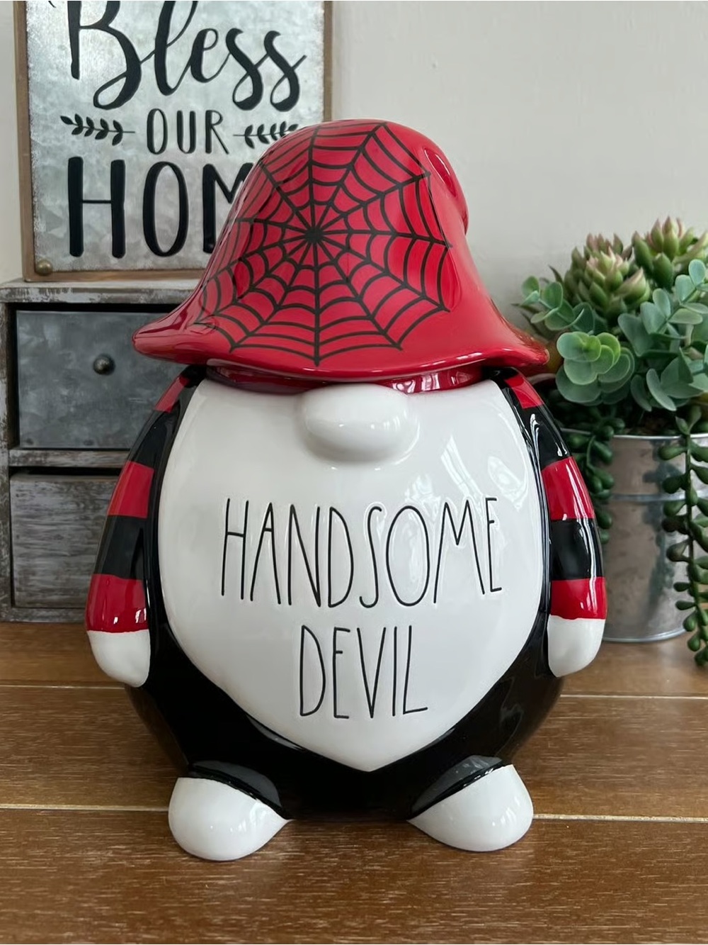 New Rae Dunn Ceramic Handsome Devil Spider Web Canister